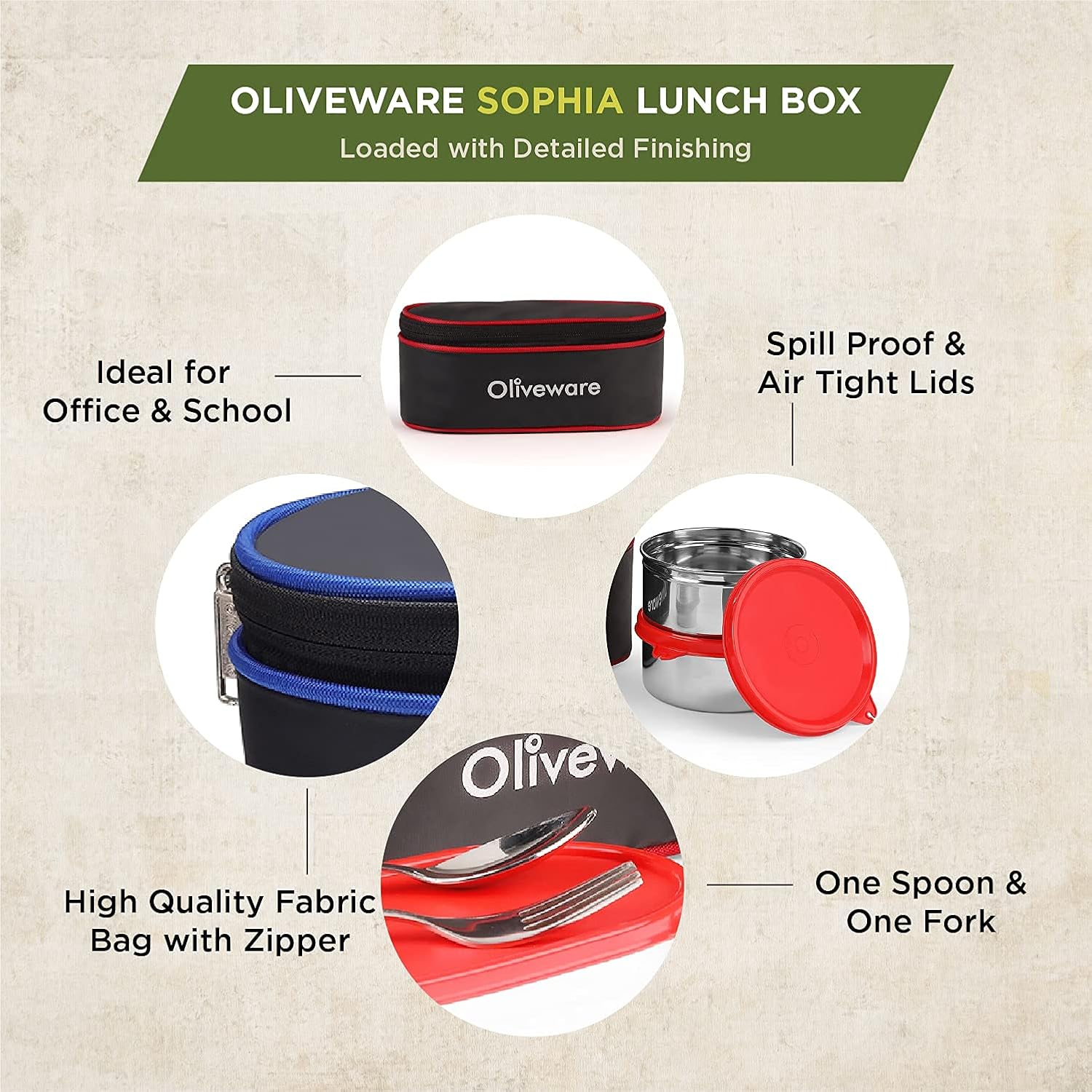 SOPL-OLIVEWARE Sophia Lunch Box, Spoon & Fork, 100% Leak Proof, 3 Stainless Steel Container with BPA Free Lids (550ml, 350ml & 350ml), Fabric Bag - Red