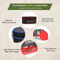 SOPL-OLIVEWARE Sophia Lunch Box, Spoon & Fork, 100% Leak Proof, 3 Stainless Steel Container with BPA Free Lids (550ml, 350ml & 350ml), Fabric Bag - Red