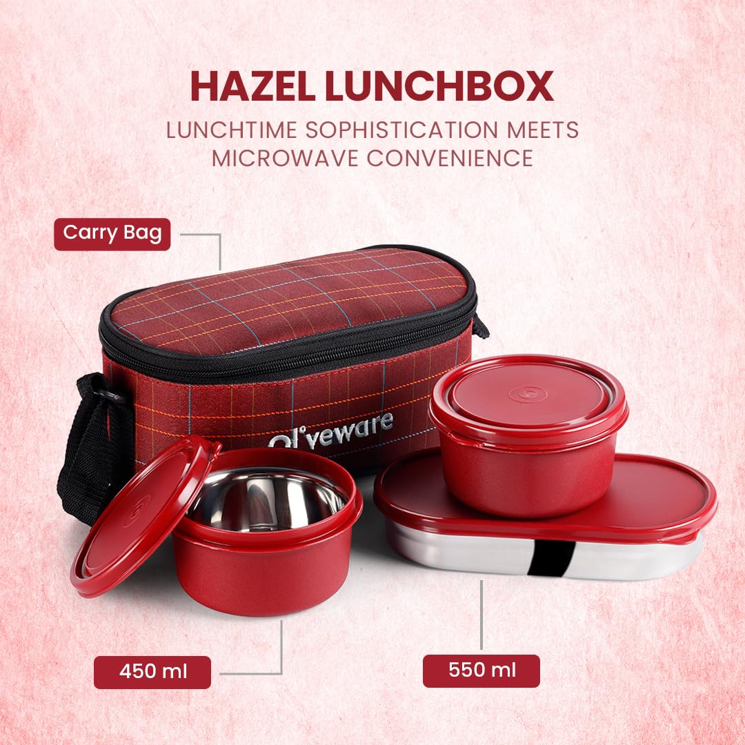 SOPL-OLIVEWARE Hazel Lunch Box, Leak Proof & Microwave Safe, 3 Stainless Steel Containers (450ml, 450ml, 550ml), Insulated Fabric Bag, Full Meal & Easy to Carry (Red)