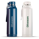 Oliveware Aura Insulated Steel Bottle | Pack of 2 - Blue & White | Keep Hot & Cold for Long Hours | Fits Bags & Fridge | Strap for Easy Carry - 690ml