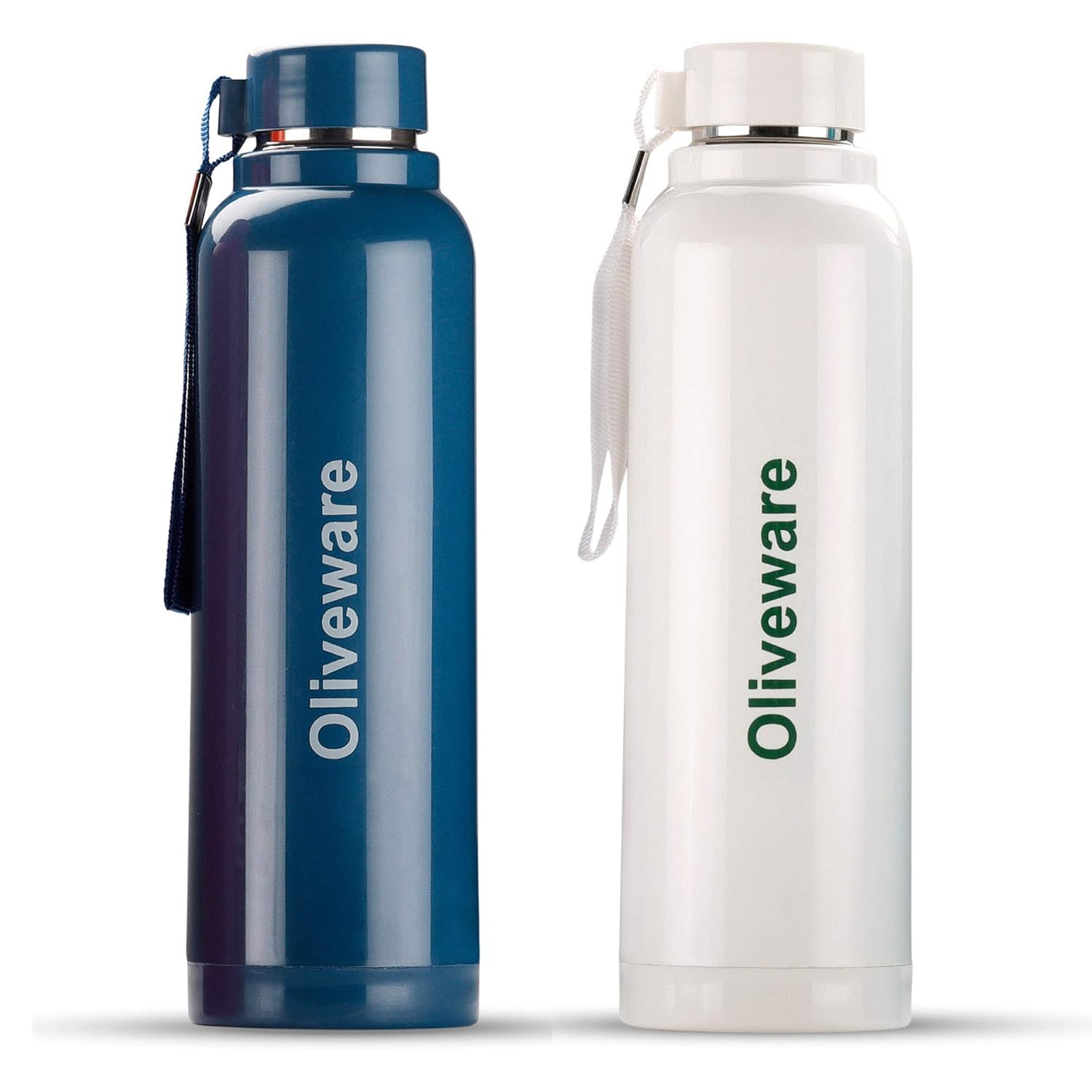 Oliveware Aura Insulated Steel Bottle | Pack of 2 - Blue & White | Keep Hot & Cold for Long Hours | Fits Bags & Fridge | Strap for Easy Carry - 690ml