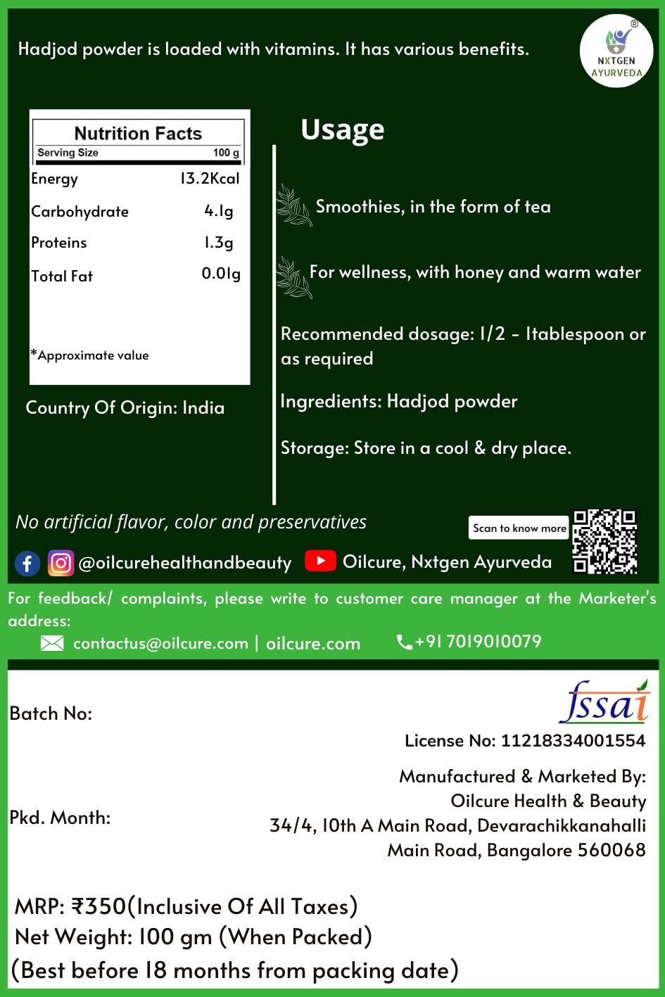 Nxtgen Ayurveda Hadjod Powder (Pirandai / Veld Grape / Changalamparanda) - 100 GMS