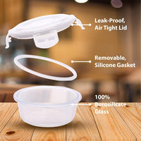 Oliveware Rio Glassware Round Lunchbox for Office | Borosilicate Glass | Microwave, Dishwasher & Freezer Safe | Set of 2 Leak Proof & Air Tight Containers | 320ml Each