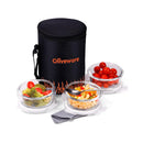 SOPL-OLIVEWARE Dazzle Glassware Round Lunchbox | with Napkin & Steel Spoon | Borosilicate Glass | Microwave Proof | Set of 3 (400ml)