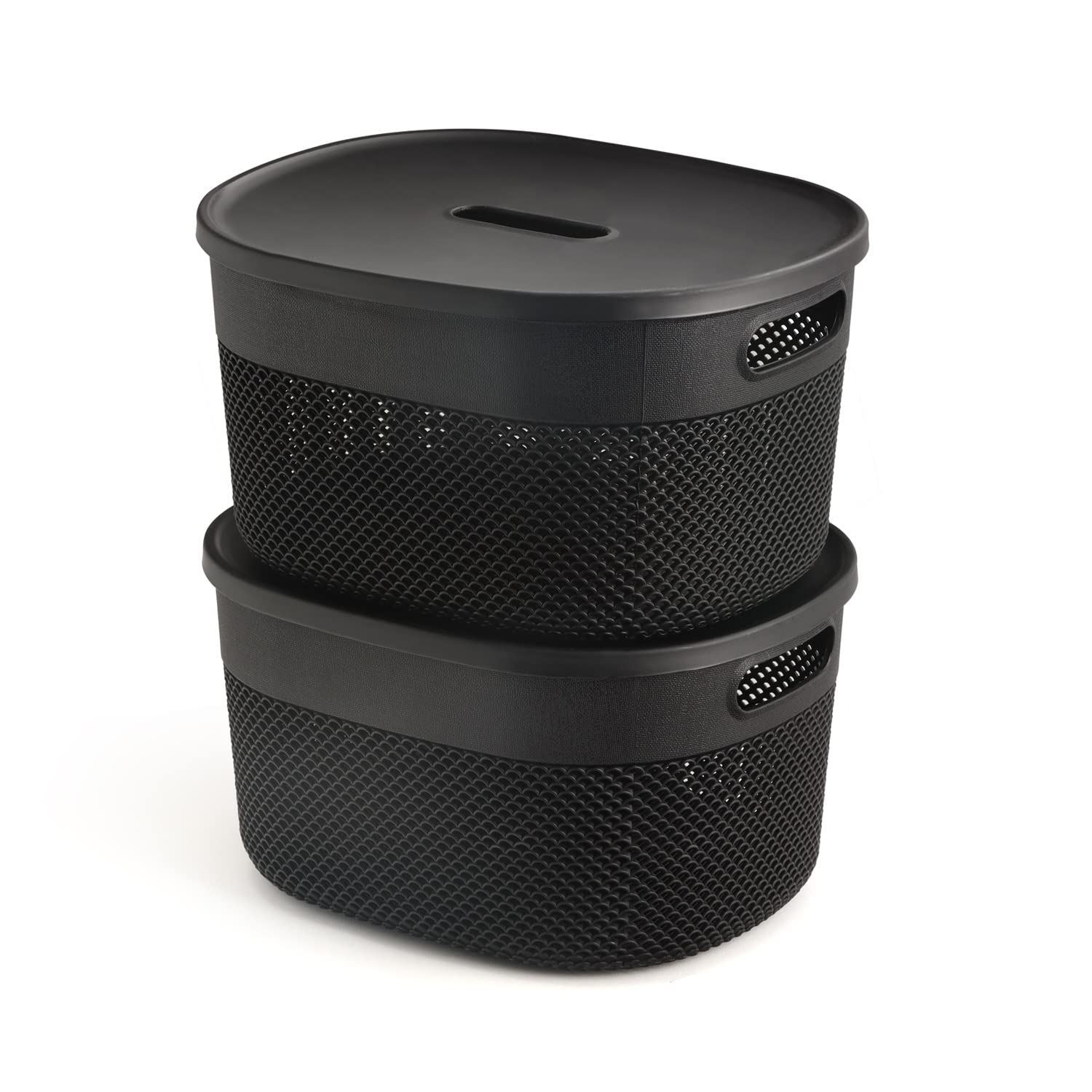 oliveware Bingo Basket BPA Free Stackable Storage Containers with Lids for Clothes & Toys, Set of 2 Big (5.2 L) Each - Black