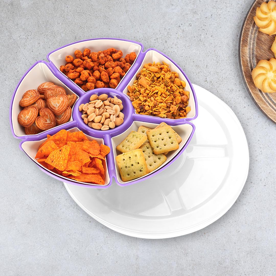 Oliveware Flower Snack Container with 5 Compartments | Storage & Serving Snacks, Dry Fruits, Biscuits, Candy | Hard Plastic | Multi Purpose - Violet