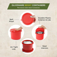 oliveware SOPL (Logo) with Device Benny Containers with BPA Free Airtight Lid, Inside Steel Container, Microwave Safe & Leak Proof, Home & Office Use, Set of 2 (450ml) - Red