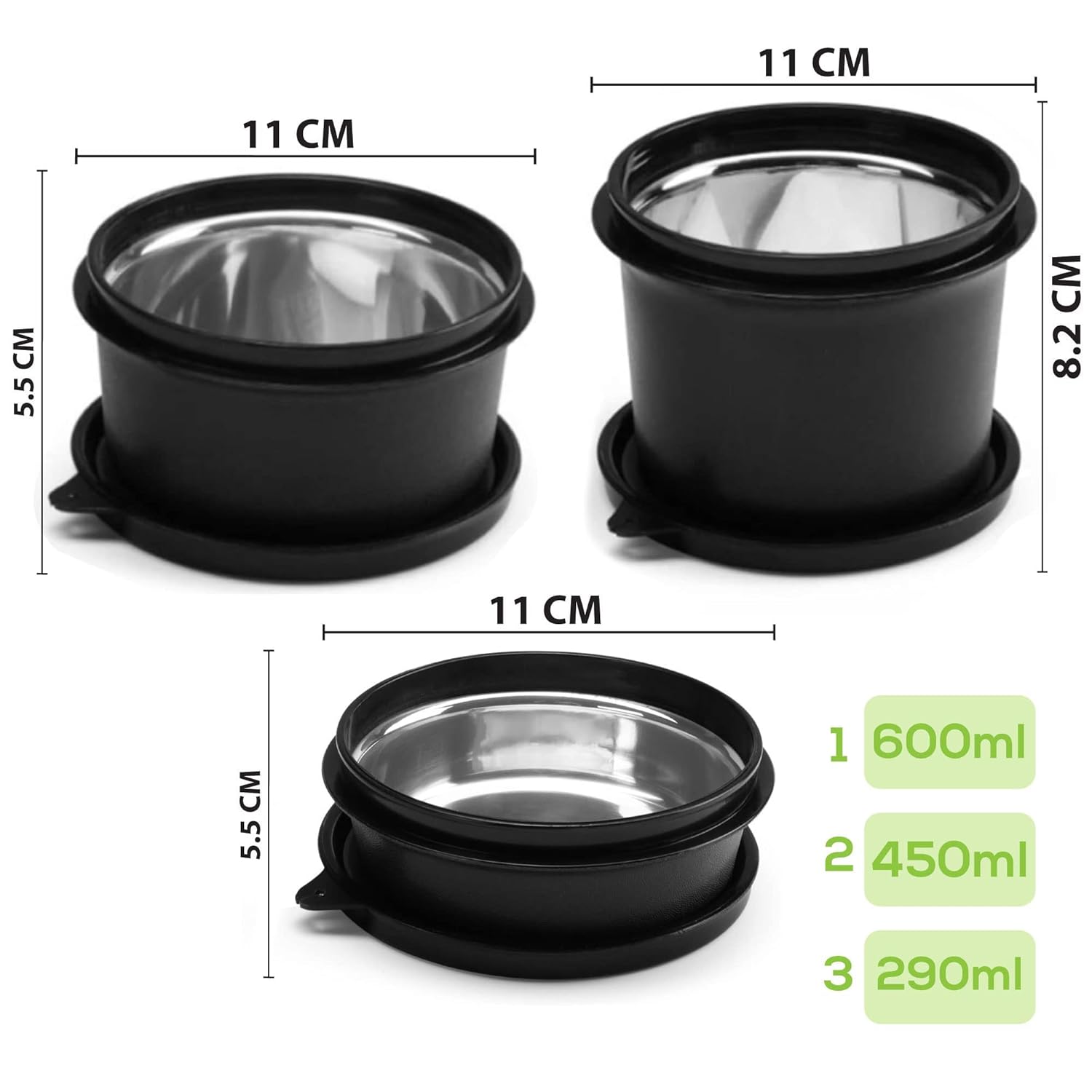 oliveware with Device Benny Microwave Containers with BPA Free Airtight Lid, Leak Proof, 3 Inner Steel Container (290 ml, 450 ml & 600 ml), Home & Office Use - Black, Plastic