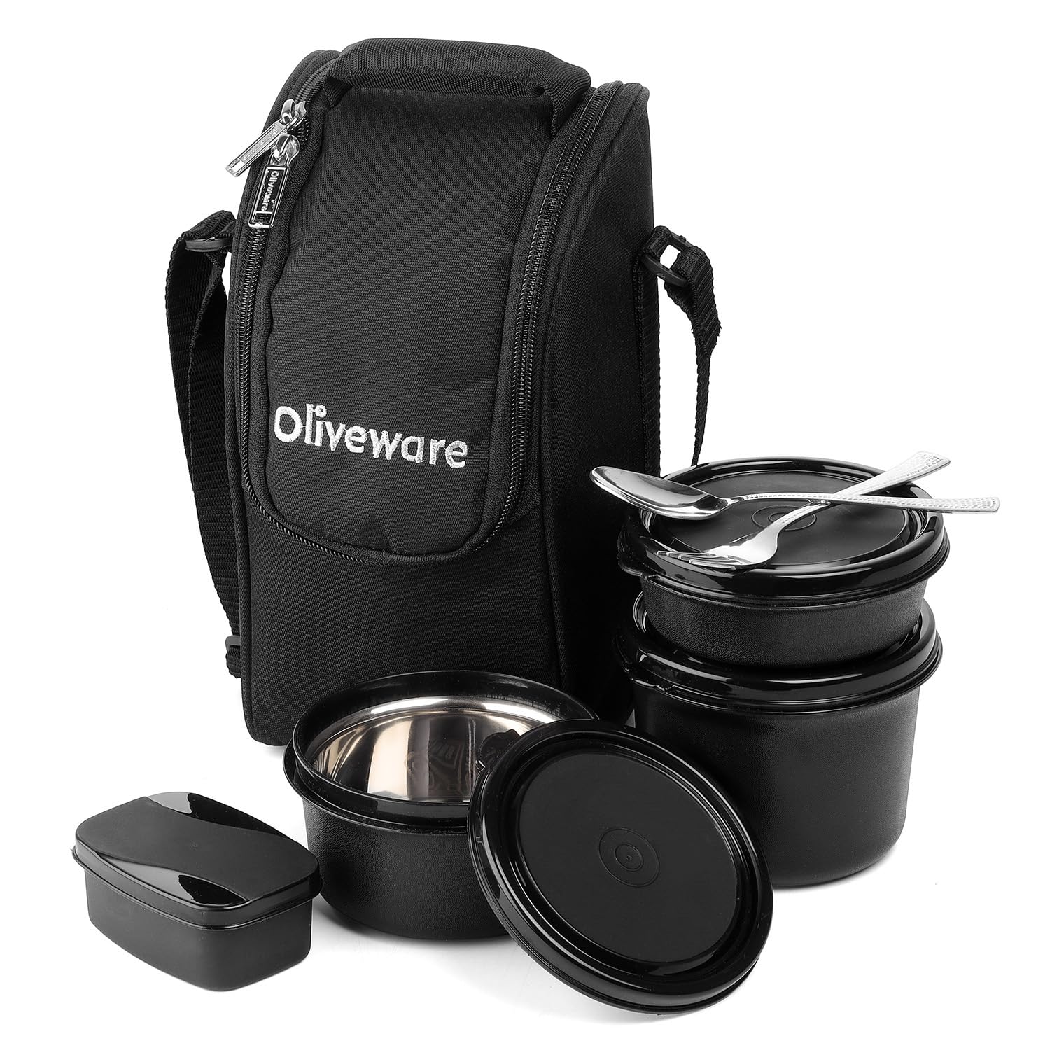 SOPL-OLIVEWARE Executive Pro Lunch Box, Microwave Safe, 3 Inner Steel Container With Bpa Free Lids (290Ml, 450Ml, 600Ml, Plastic Pickle Box (130Ml) & Steel Cutlery - Black, 290 Milliliter