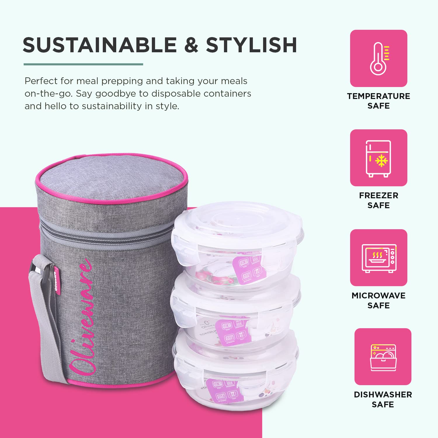 SOPL-OLIVEWARE Innox Glassware Lunchbox, Borosilicate Glass Containers, Microwave Safe & Leak Proof, 3 Containers with BPA Free Airtight Lids (400ml) Each - Pink