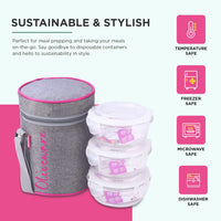 SOPL-OLIVEWARE Innox Glassware Lunchbox, Borosilicate Glass Containers, Microwave Safe & Leak Proof, 3 Containers with BPA Free Airtight Lids (400ml) Each - Pink