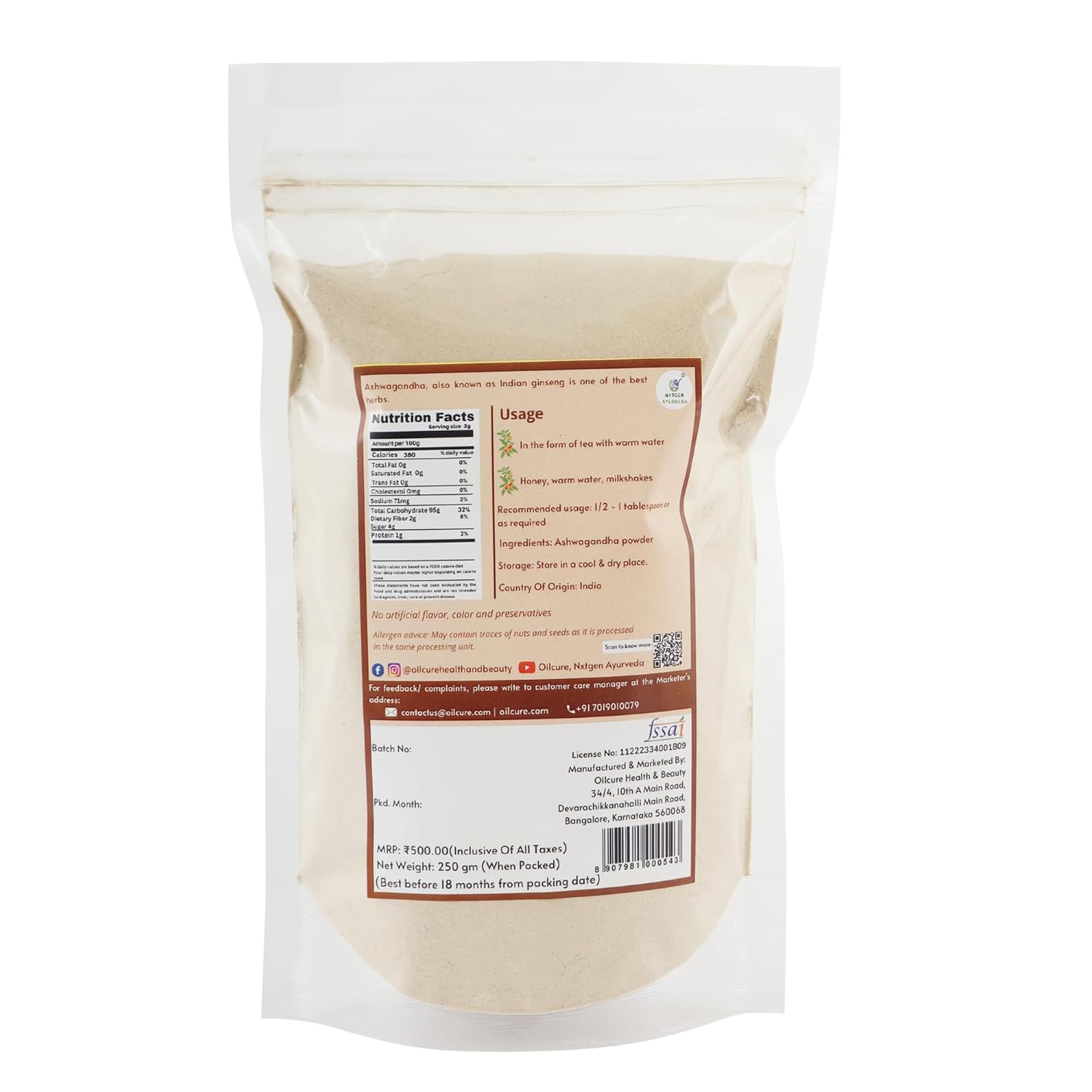 Nxtgen Ayurveda Ashwagandha Powder | 250 gm | Withania Somnifera