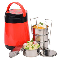 oliveware Jumbo Lunch Box, 4 Stainless Steel Containers with 350ml, Insulated Body, Leak Proof, Full Meal & Easy to Carry - Red