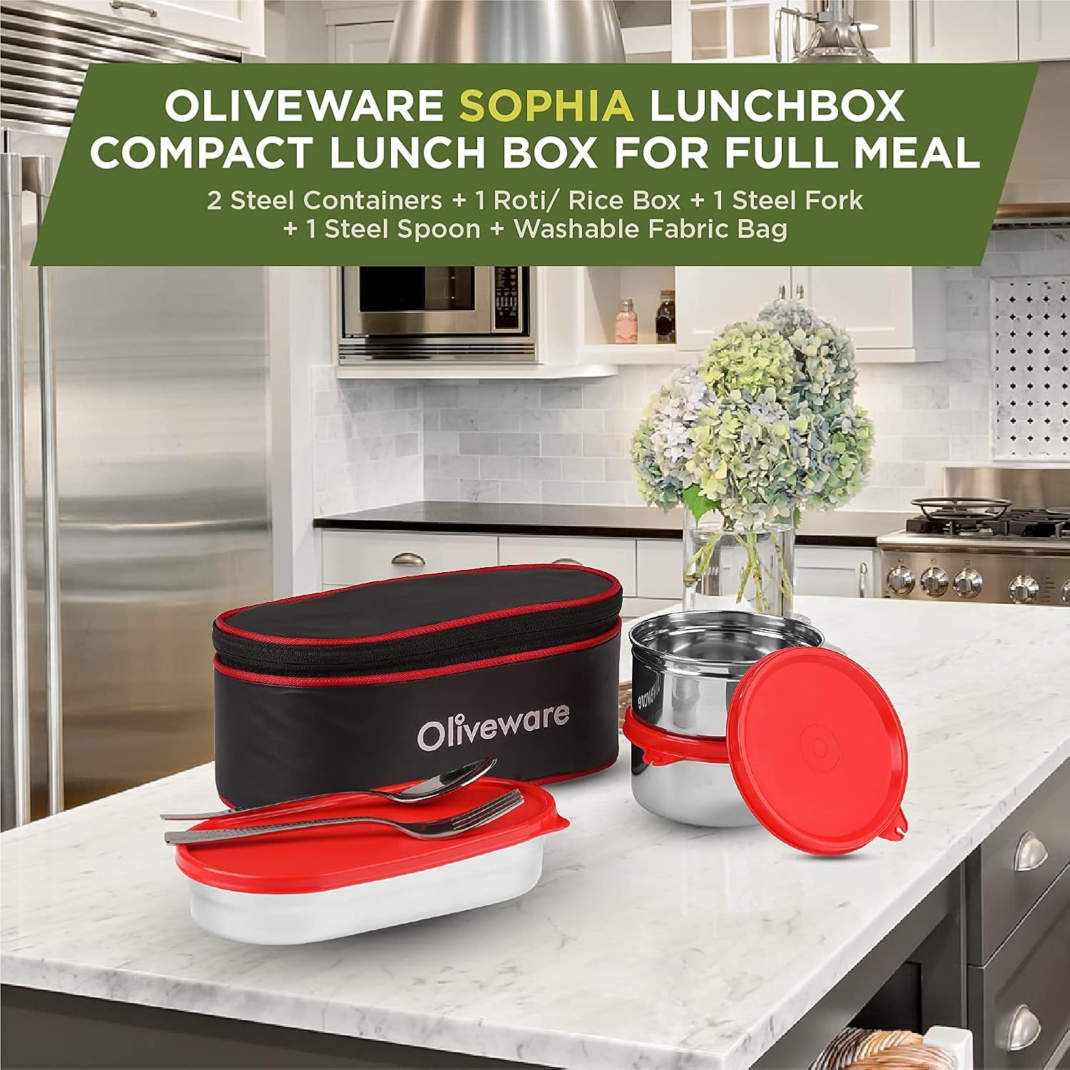 SOPL-OLIVEWARE Sophia Lunch Box, Spoon & Fork, 100% Leak Proof, 3 Stainless Steel Container with BPA Free Lids (550ml, 350ml & 350ml), Fabric Bag - Red