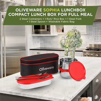 SOPL-OLIVEWARE Sophia Lunch Box, Spoon & Fork, 100% Leak Proof, 3 Stainless Steel Container with BPA Free Lids (550ml, 350ml & 350ml), Fabric Bag - Red