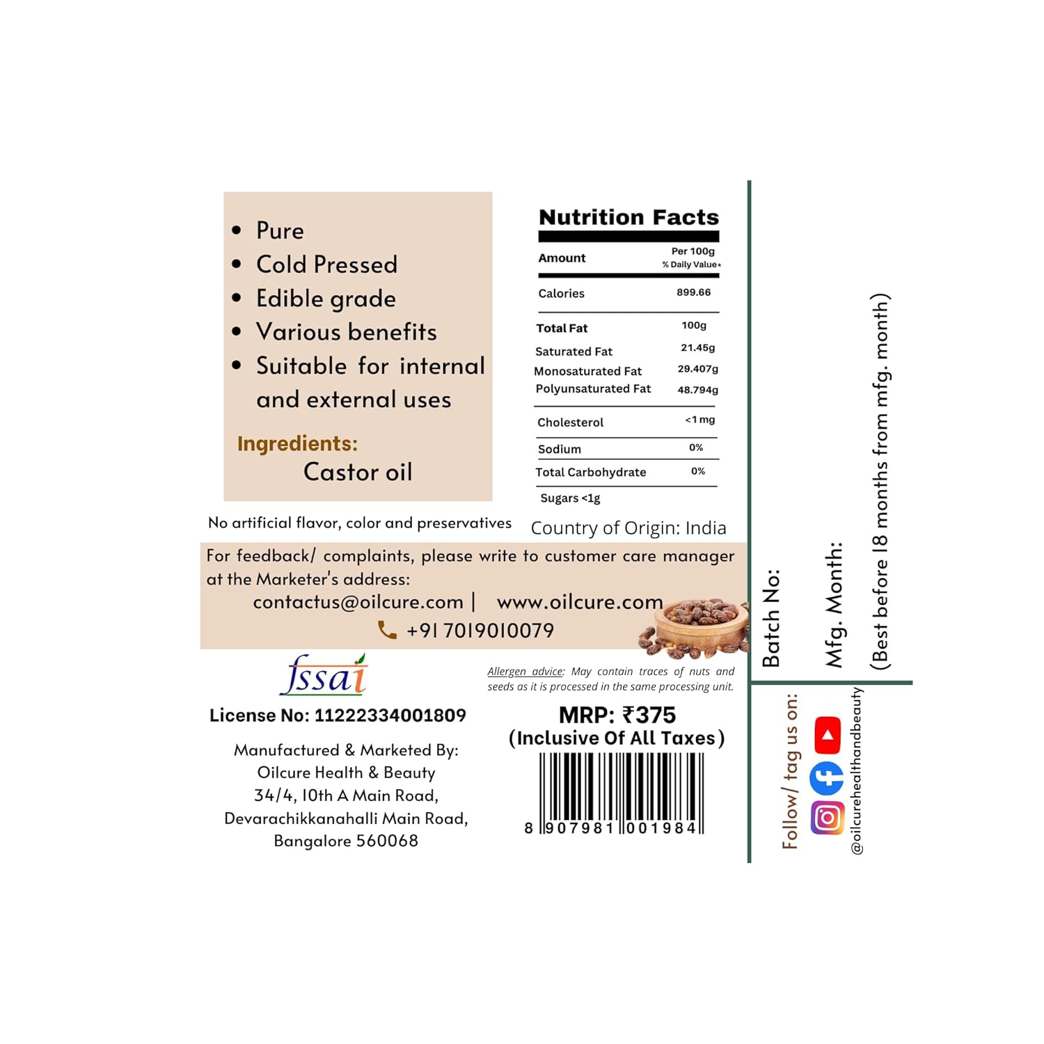 Oilcure Castor Oil Cold Pressed - 500 ml