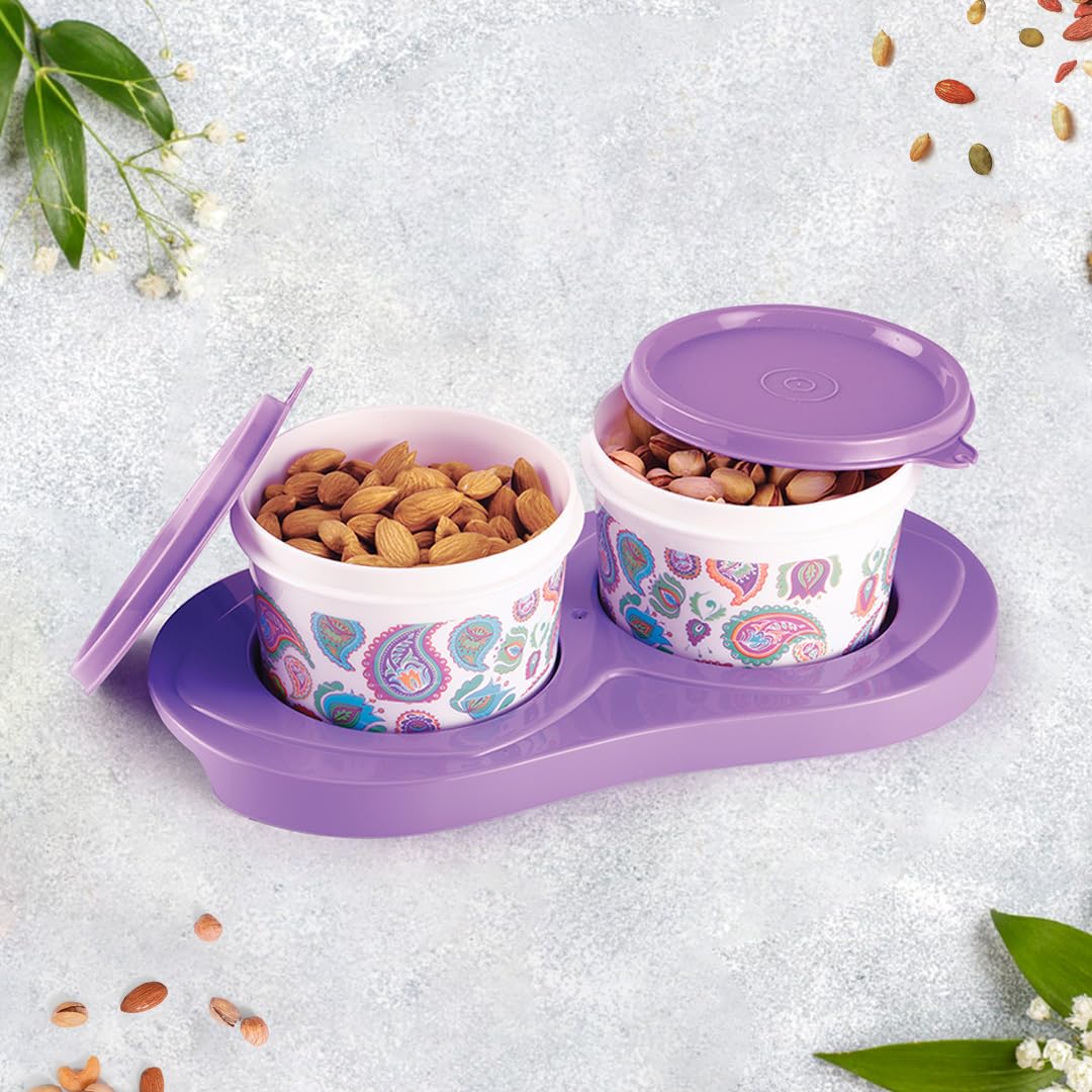 oliveware Breeze Paisley Print Serving Container & Tray with Airtight Lid, BPA Free, 2 Containers (500ml) each, For Snacks & Dry Fruits - Voilet