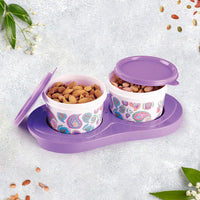oliveware Breeze Paisley Print Serving Container & Tray with Airtight Lid, BPA Free, 2 Containers (500ml) each, For Snacks & Dry Fruits - Voilet