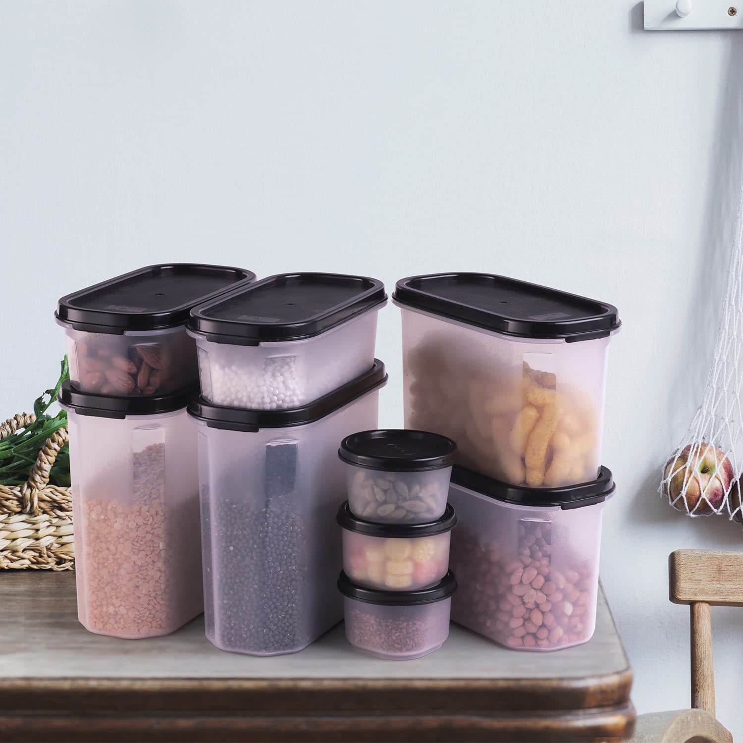 SOPL-OLIVEWARE Modular Storage Containers, BPA Free, For Pulses, Dal, Atta & Flour, Set of 9 (2x1800ml, 2x1200ml, 2x600ml, 3x180ml) - Black