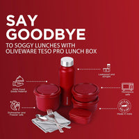 SOPL-OLIVEWARE Teso Elite Pro Lunch Box with Steel Cutlery, BPA Free Lids,Microwave Safe,Inside Steel Containers(290ml, 450ml & 600ml),Plastic Pickle Box (130ml),Steel Water Bottle(750ml) -Mahroon