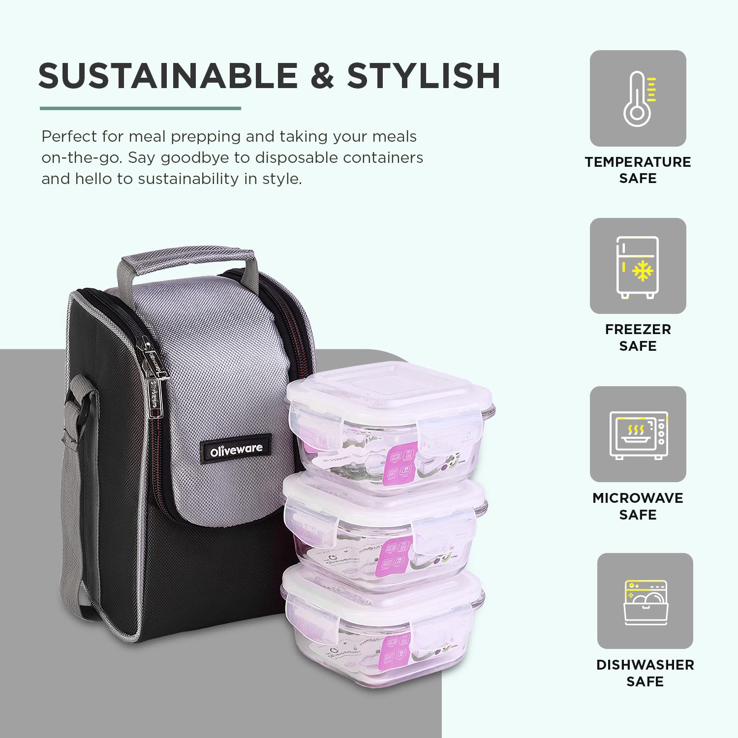 SOPL-OLIVEWARE Duke Glassware Lunchbox, Borosilicate Glass & Microwave Proof, Safety Lock Airtight Lid, 3 Container with 320ml Each - Black