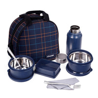 Oliveware Octavia Lunchbox, Microwave & Freezer Safe, 2 Inside Steel containers (2x450ml), Plastic Pickle Box (130ml), Steel Bottle(450ml), Steel Cutlery & Napkin, Fabric Bag - Blue
