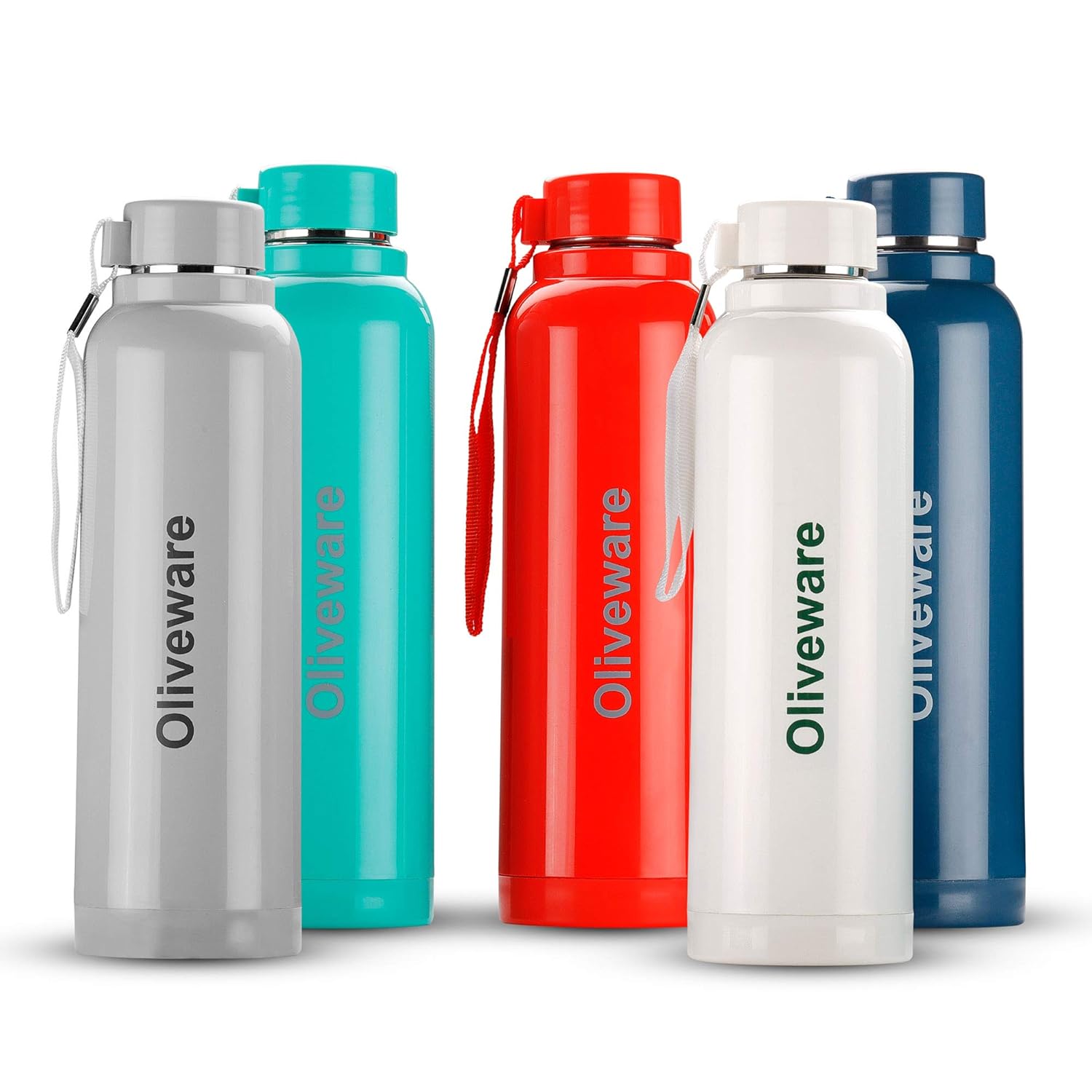 oliveware Aura Insulated Stainless Steel Bottle with Strap for Easy Carry (White and Red, 690ml) - Pack of 2