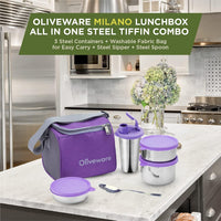 SOPL-OLIVEWARE Oliveware Milano Lunch Box, 3 Stainless Steel Containers And Sipper (300Ml, 450Ml, 600Ml & 400Ml), Steel Spoon, Leak Proof Full Meal & Easy To Carry (Purple), 450 Milliliter