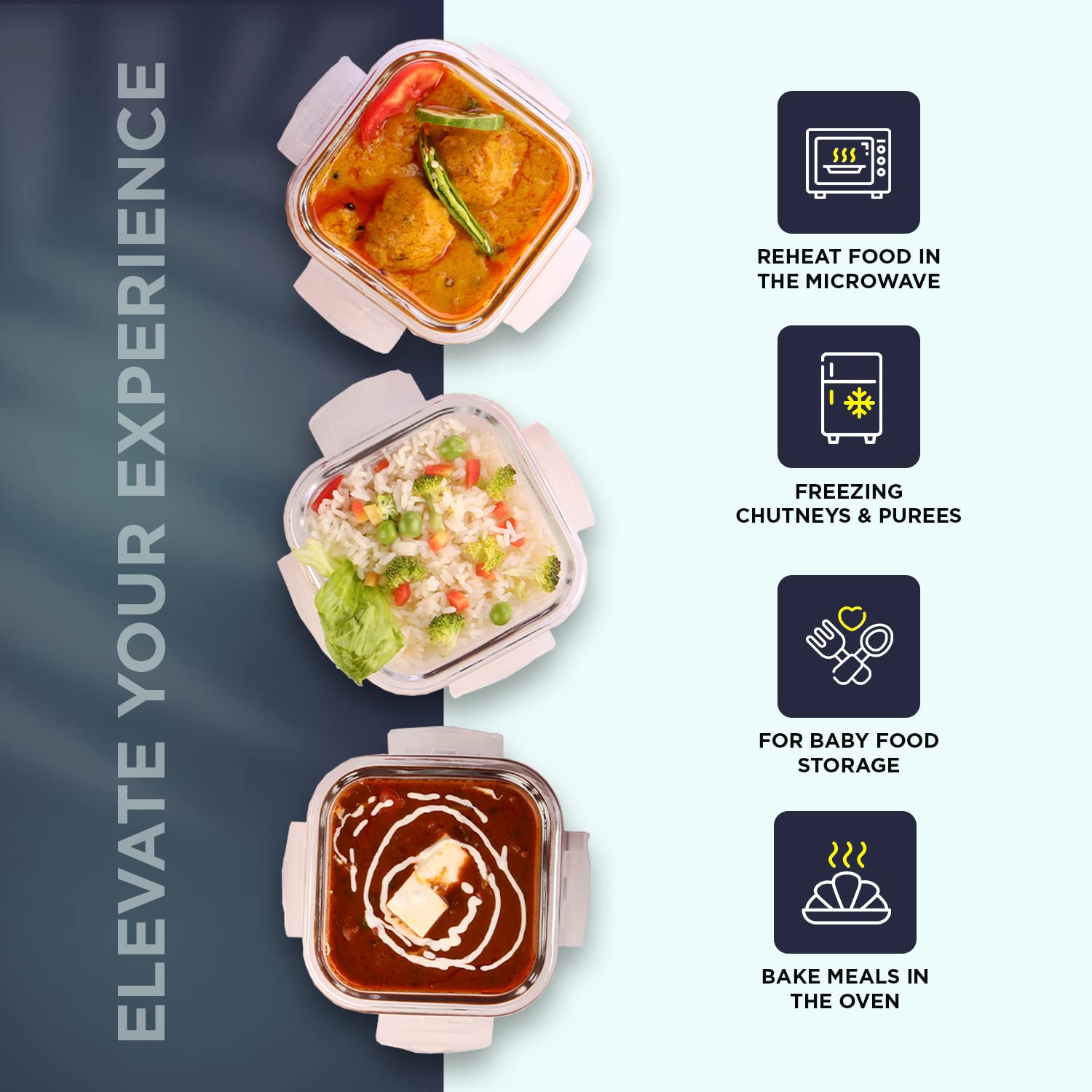 SOPL-OLIVEWARE Spyker Glassware Square Lunchbox, Borosilicate Glass Containers, Microwave Safe & Leak Proof, 3 Containers with BPA Free Lids (320ml) Each - Blue