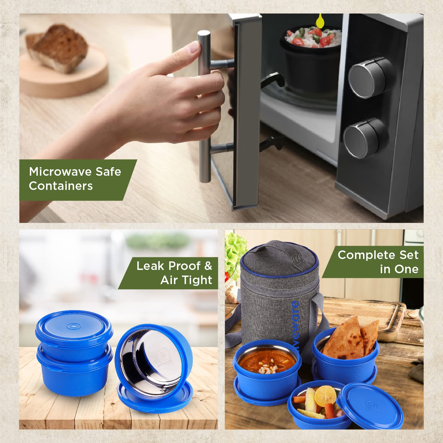 SOPL-OLIVEWARE Monarch Lunch Box with Bag, Microwave Safe & Leak Proof, 3 Inside Steel Containers & BPA Free Airtight Lids (290ml, 450ml & 450ml), Fabric Bag - Blue