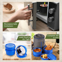 SOPL-OLIVEWARE Monarch Lunch Box with Bag, Microwave Safe & Leak Proof, 3 Inside Steel Containers & BPA Free Airtight Lids (290ml, 450ml & 450ml), Fabric Bag - Blue