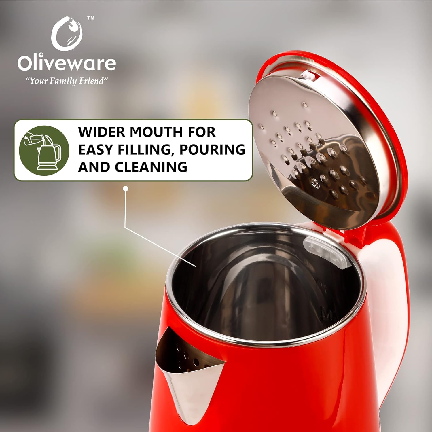 SOPL-OLIVEWARE King Electric Kettle, Stainless Steel with 2.5 Liter Capacity, 360 Degree Rotation, Heat Protection Handle, Automatic Power off, BPA Free - Red