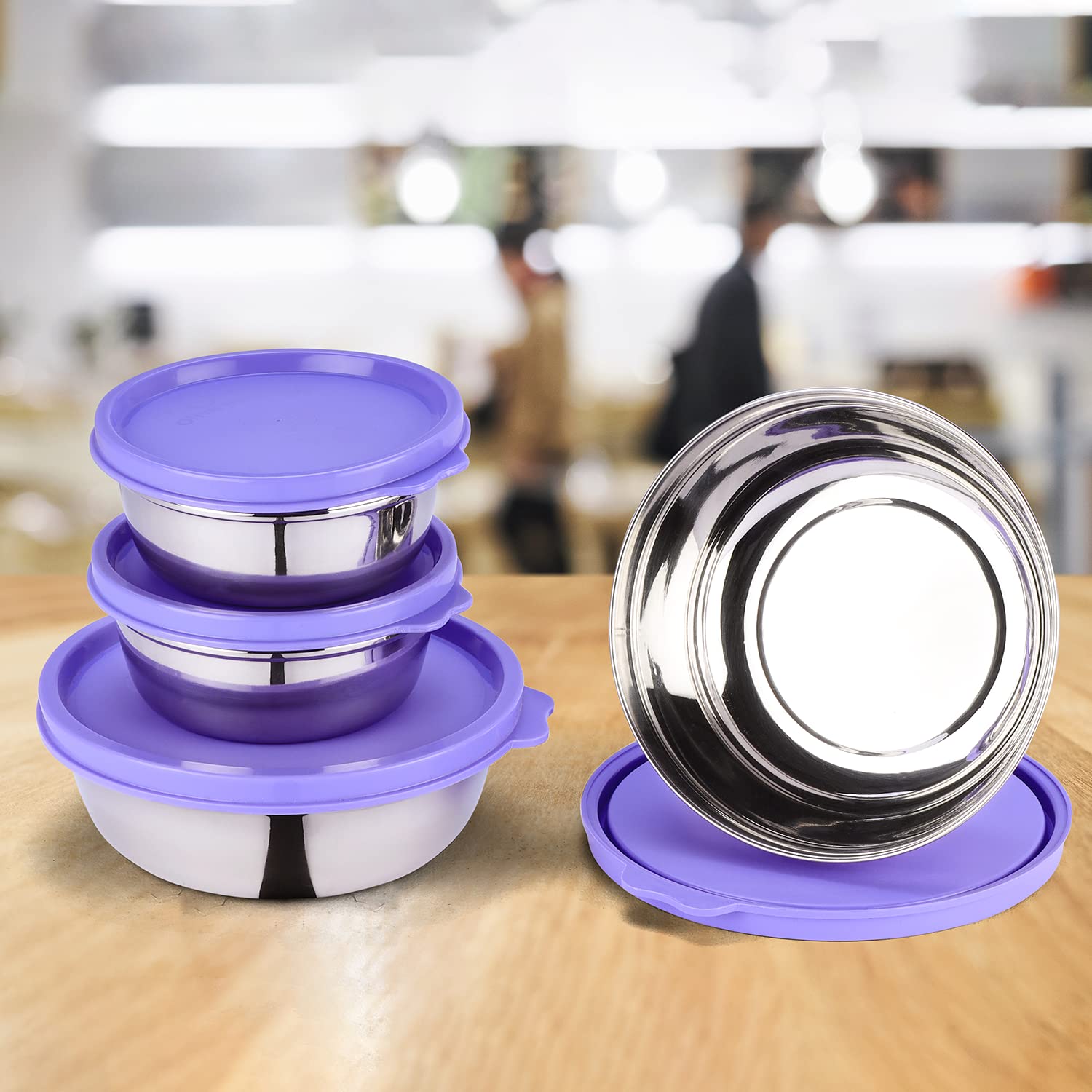 oliveware Elegant Combo Storage Containers, 100% Leak Proof and Dishwasher Safe, 4 Stainless Steel Containers with BPA Free Lid (2x450ml & 2x250ml) - Voilet