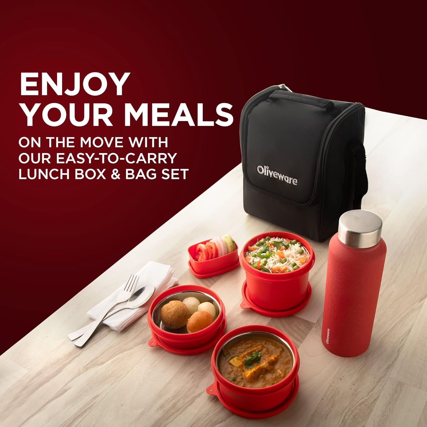 SOPL-OLIVEWARE Teso Pro Lunch Box With Steel Cutlery,3 Microwave Safe Inner Steel Containers With Bpa Free Lids(290Ml,450Ml&600Ml)Plastic Pickle Box(130Ml)Steel Water Bottle(750Ml)-Red,1470 Ml