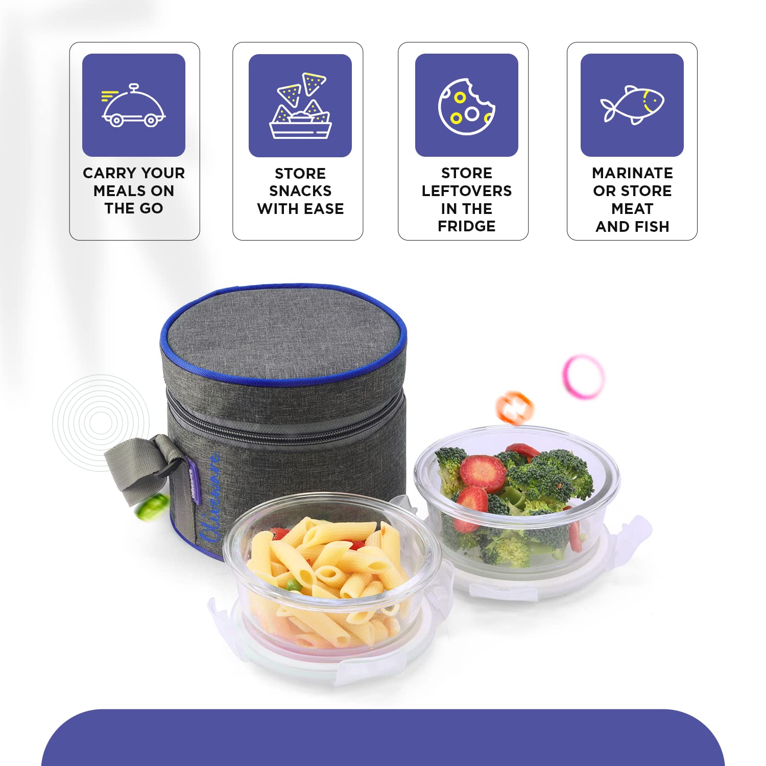 SOPL-OLIVEWARE Joy Glassware Round Lunchbox, Borosilicate Glass Containers, Microwave Safe & Leak Proof, 2 Containers with BPA Free Lids (400ml) Each - Blue