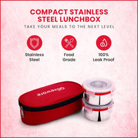 oliveware Crunch Lunch Box, 2 Stainless Steel Containers (300 ml), Leak Proof with BPA Free Air Tight Lids, Fabric Jacket - Red