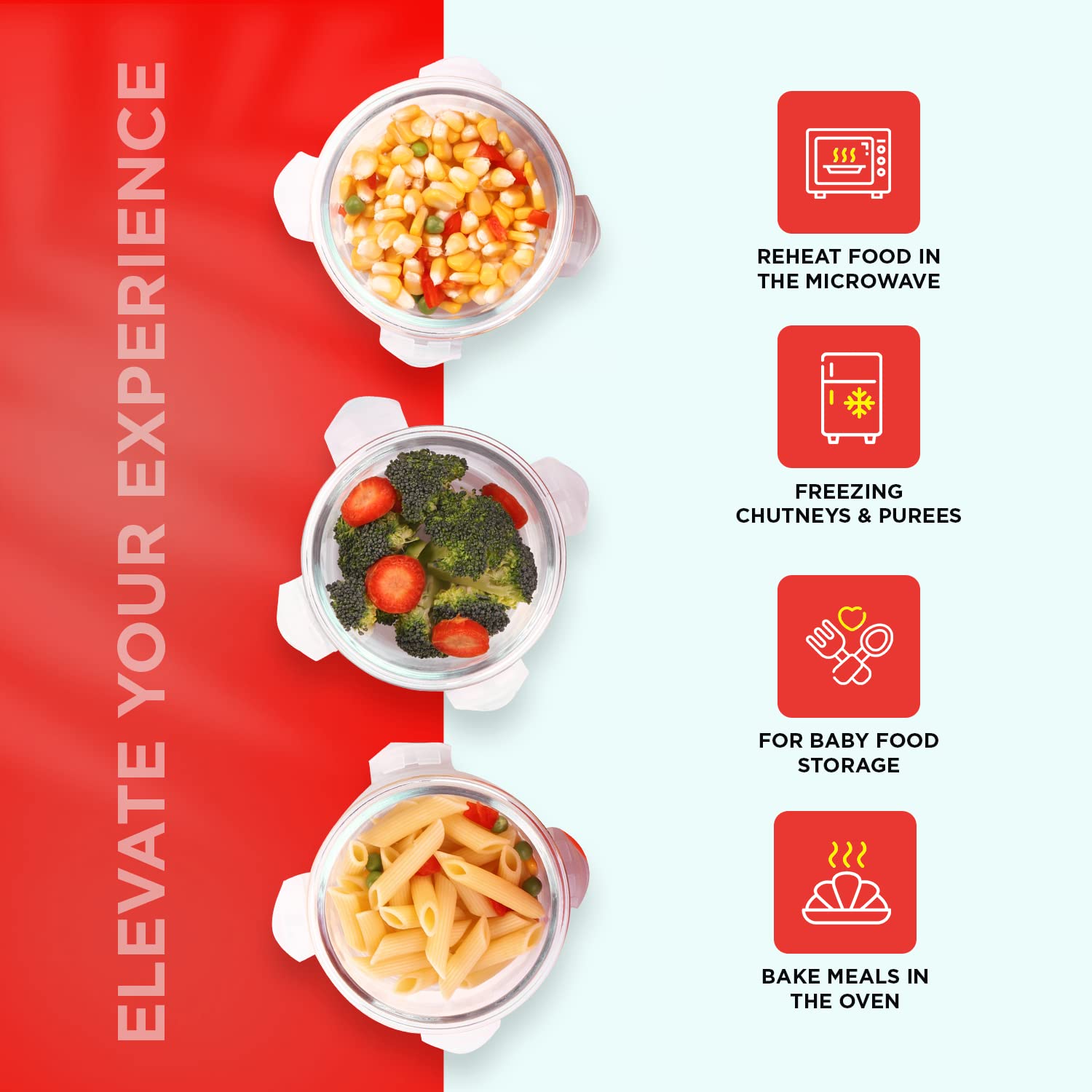 SOPL-OLIVEWARE Pebble Round Glassware Lunch Box, Borosilicate Glass, Leak Proof & Microwave Safe, 3 Containers (400ml) with BPA Free Lids - Red