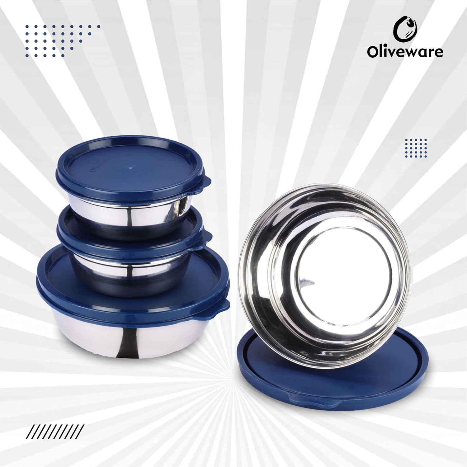 oliveware Elegant Combo Storage Containers, 100% Leak Proof and Dishwasher Safe, 4 Stainless Steel Containers with BPA Free Lid (2x450ml & 2x250ml) - Blue