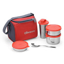 SOPL-OLIVEWARE Milano Lunch Box, Leak Proof, 3 Stainless Steel Containers with BPA Free Lids (300ml, 450ml, 600ml), Steel Spoon & Tumbler (400ml), Fabric Bag - Red