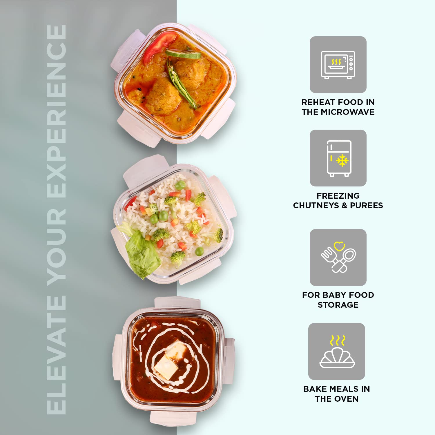 SOPL-OLIVEWARE Duke Glassware Lunchbox, Borosilicate Glass & Microwave Proof, Safety Lock Airtight Lid, 3 Container with 320ml Each - Black