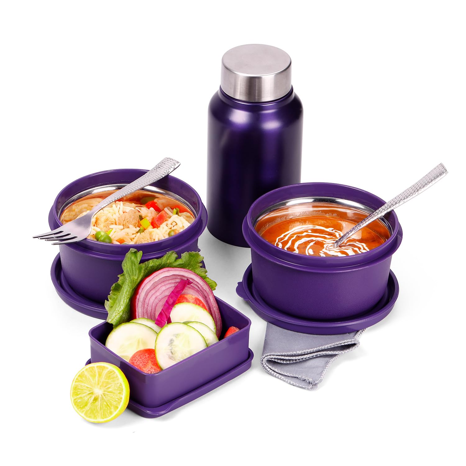 Oliveware Octavia Lunchbox, Steel Cutlery & Napkin, Microwave & Freezer Safe, 2 Inside Steel containers (2x450ml), Plastic Pickle Box (130ml), Steel Bottle (450ml), Fabric Bag - Voilet
