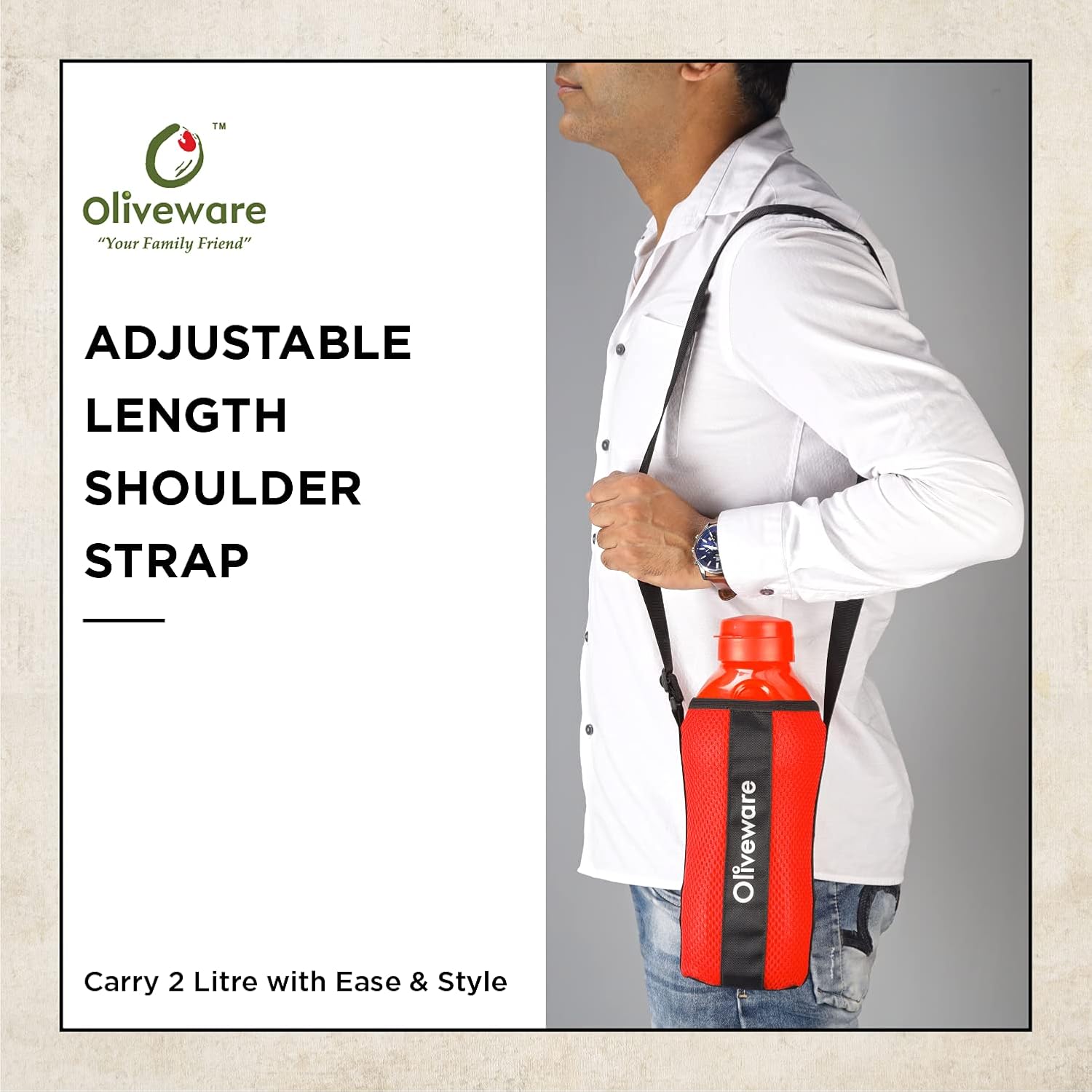 SOPL-OLIVEWARE Jumbo Water Bottle With Washable Carry Sleeve, Shoulder Strap, 2 Litre Bottle, BPA Free & Leak Proof, Fits in Fridge, Pack of 1 - Red