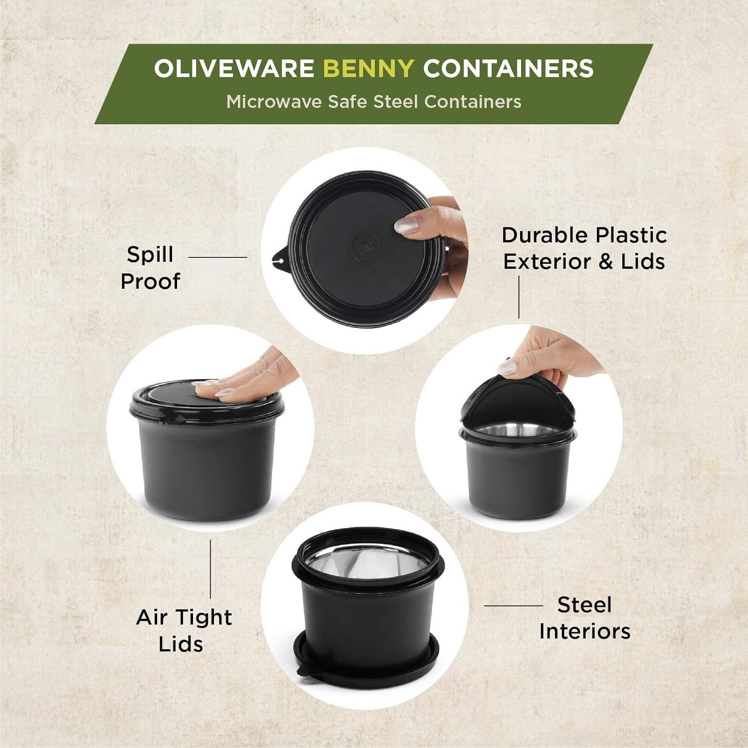 oliveware with Device Benny Microwave Containers with BPA Free Airtight Lid, Leak Proof, 3 Inner Steel Container (290 ml, 450 ml & 600 ml), Home & Office Use - Black, Plastic