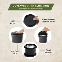 oliveware with Device Benny Microwave Containers with BPA Free Airtight Lid, Leak Proof, 3 Inner Steel Container (290 ml, 450 ml & 600 ml), Home & Office Use - Black, Plastic