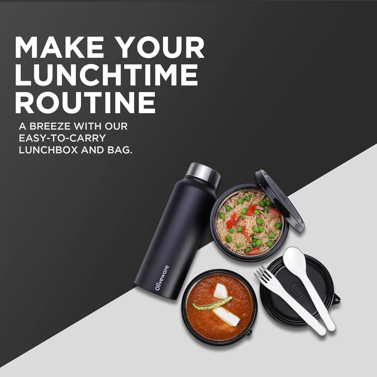 SOPL-OLIVEWARE Teso Lunch Box With Plastic Cutlery,3 Microwave Safe Inner Steel Containers With Bpa Free Lids(290Ml,450Ml&600Ml)Plastic Pickle Box(130Ml)Steel Water Bottle(750Ml)-Black,290 Milliliter
