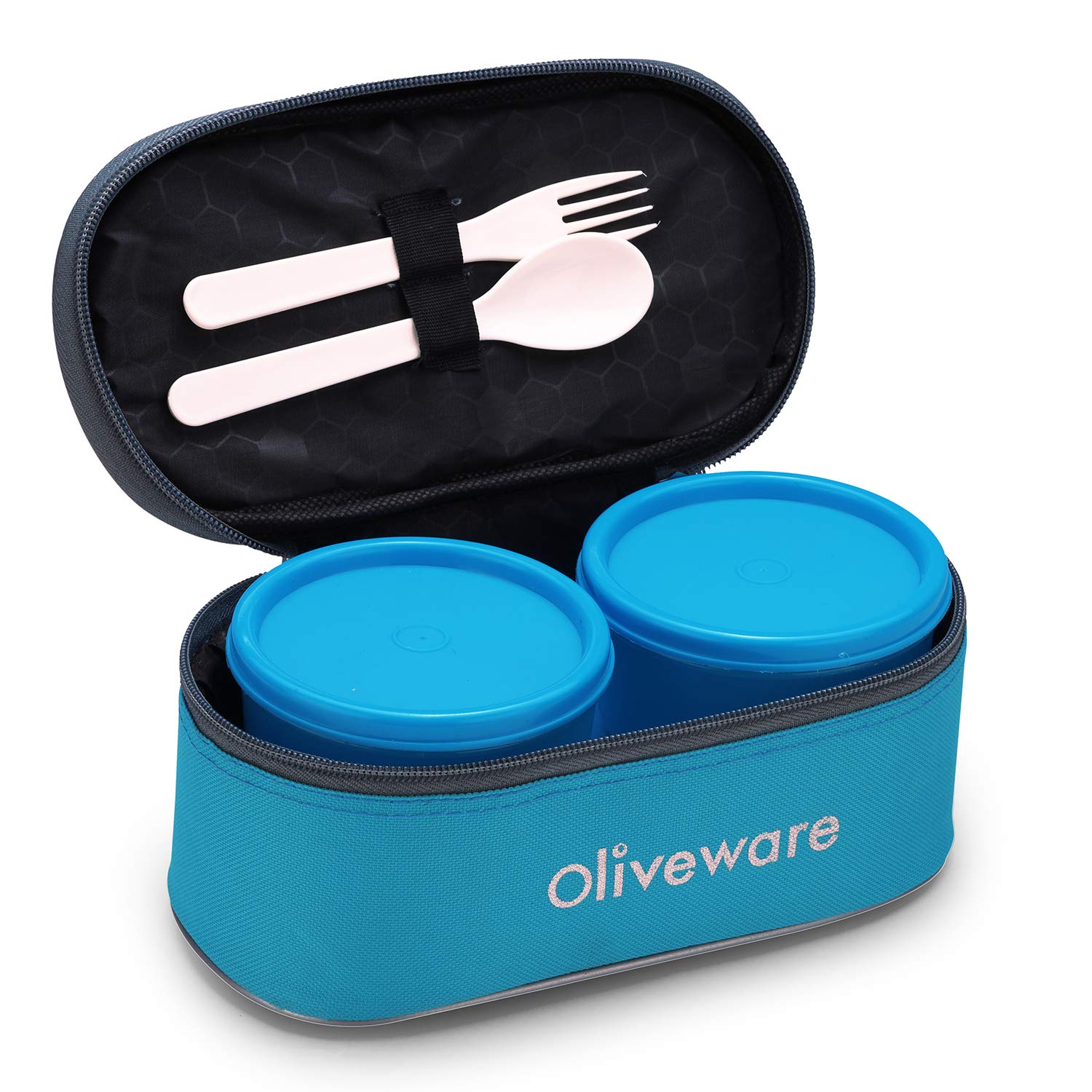 oliveware Double Decker Lunch Box Tiffin, 3 Containers with Plastic Spoon & Fork (300ml, 300ml & 450ml), 100% Leak Proof & BPA Free - Blue