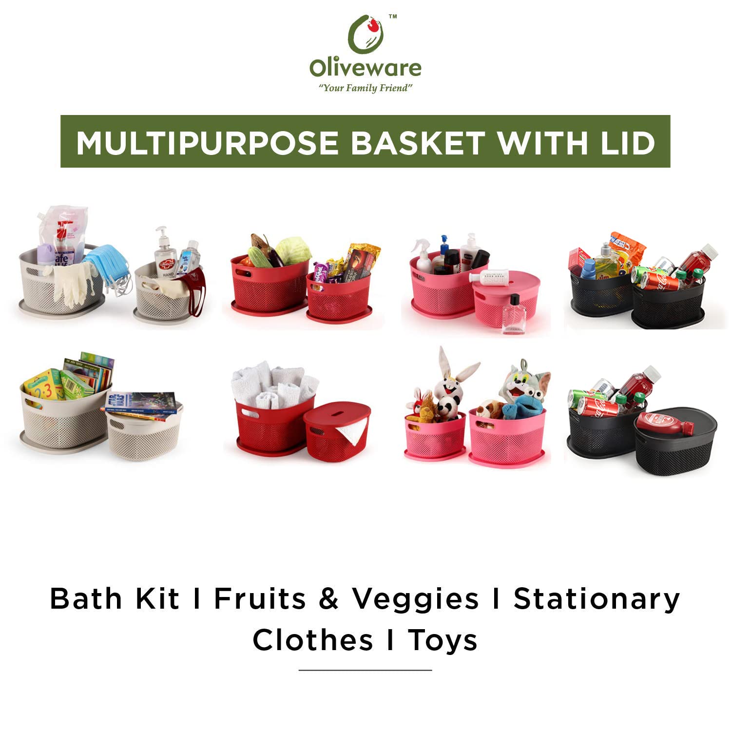 oliveware Bingo Basket Stackable Storage Organiser with Lids for Clothes & Toys, BPA Free Plastic, Set of 2 Small - 3.4L Each (Black)