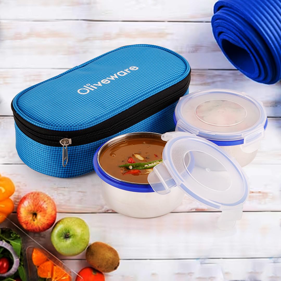 oliveware Crunch Lunch Box, 2 Stainless Steel Containers (300 ml), Leak Proof with BPA Free Air Tight Lids, Fabric Jacket - Blue