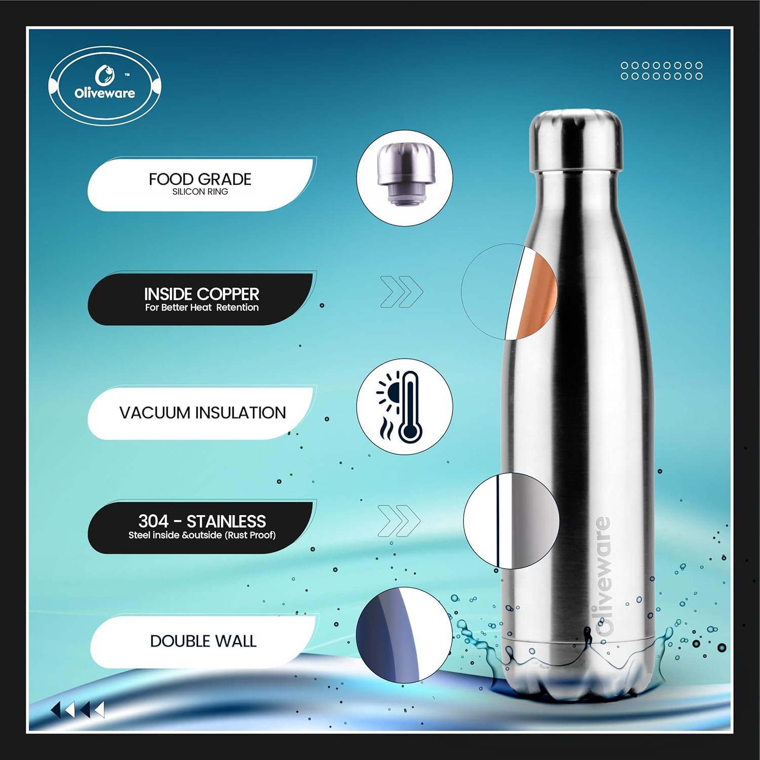 SOPL-OLIVEWARE Sigma Vacuum Double Wall Bottle, Stainless Steel, Hot & Cold, Insulated Bottle, Fit for Indoor & Outdoors (500 Ml, Silver)