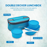 oliveware Double Decker Lunch Box Tiffin, 3 Containers with Plastic Spoon & Fork (300ml, 300ml & 450ml), 100% Leak Proof & BPA Free - Blue